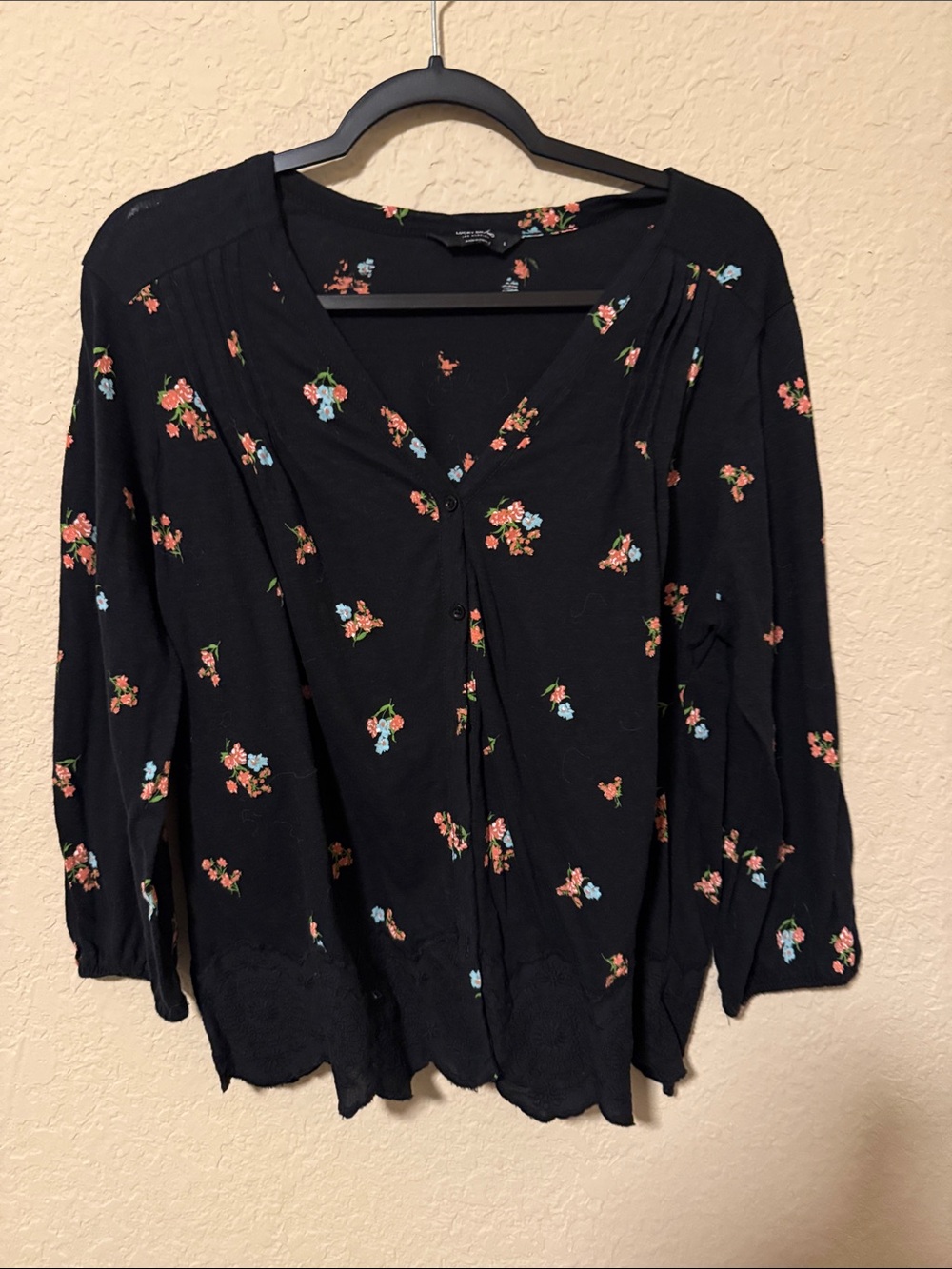 Lucky Brand Black Floral Button-Up Blouse with Pink and Blue Blooms